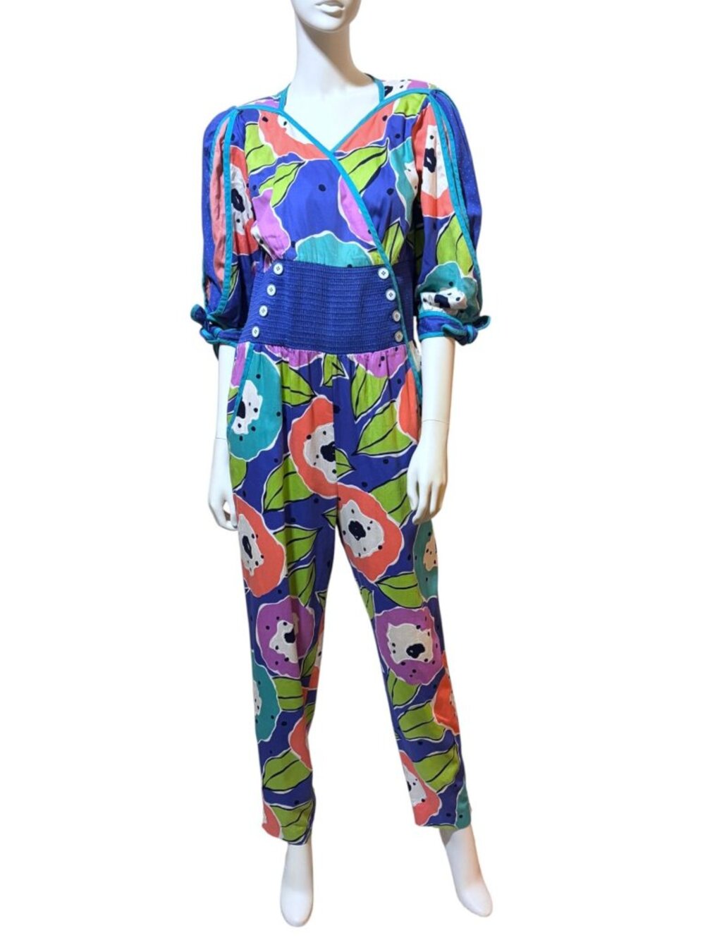 Vintage Jeanne Marc Jumpsuit 10 Color Block Wrap Puff Sleeve Art Romantic RARE